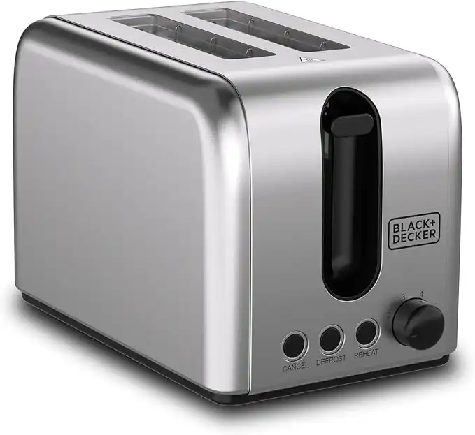 BLACK+DECKER Toaster, 2-Slice, 1050W, Stainless Steel, Dual-Side Heating, 6 Browning Levels, Defrost, Reheat, Cancel Functions, Wide 36mm Slots, Removable Crumb Tray, Sleek Design, Black - ET244-B5