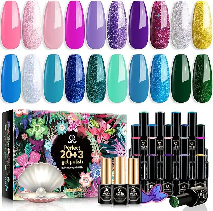 MEFA 23 Pcs Gel Nail Polish Kit with Nice Box Soak off Gel Nail Polish with Base Coat and Glossy & Matte top Coat Pink Blue Glitter Gel Nail Polish Starter Kit For Spring And Summer