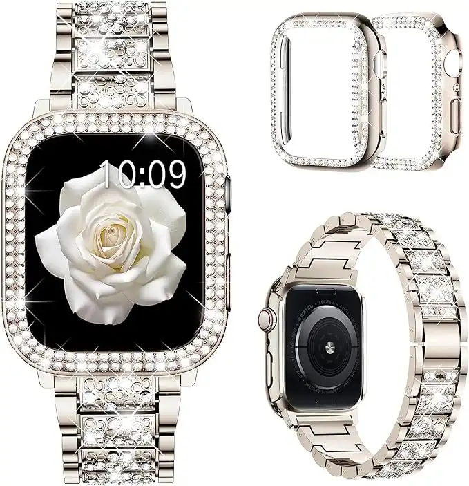 Mosonio Compatible with Apple Watch Band 38mm 40mm 41mm 42mm 44mm 45mm 49mm with 2 Pack Case Women, Jewelry Replacement Metal Wristband Strap with Bling PC Protective Case for iWatch Ultra SE Series