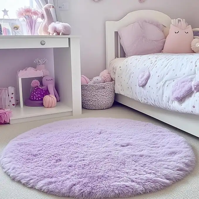 PAGISOFE 5x5 Feet Area Rug, Round Purple Rug, Circle Rugs for Kids Bedroom, Fluffy Carpets, Shaggy Rugs Small Teepee Furry Mat, Comfy Reading Rug, Circular Rug,Rugs for Girls Baby Room