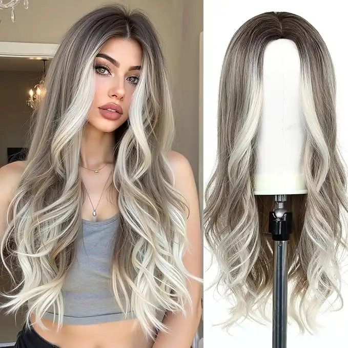 Esmee 24" Long Wavy Wigs for Women Brown Ombre Ash Blonde Hair Heat Resistant Synthetic Wigs for Daily Parties and Role Playing
