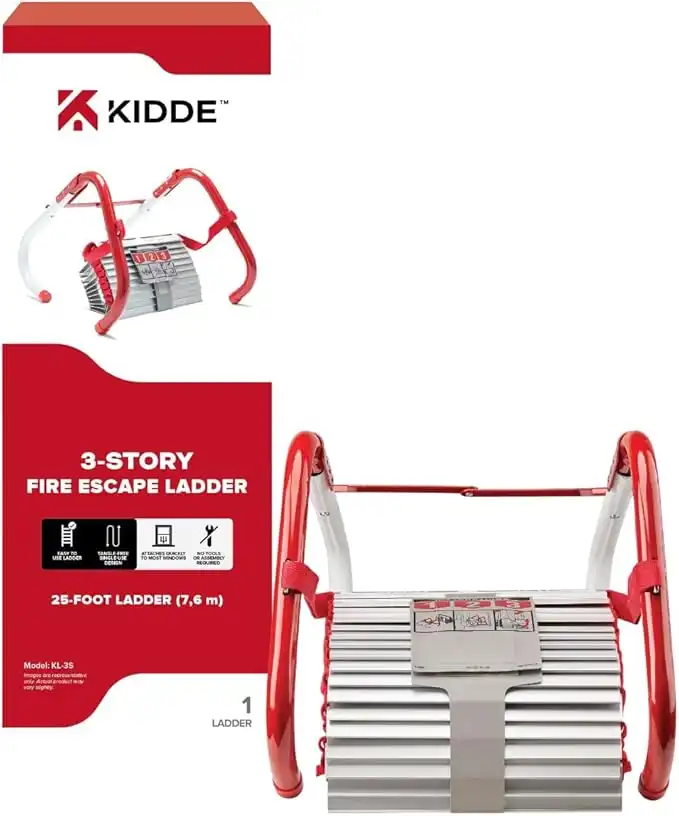 Kidde Fire Escape Ladder, 3-Story Rope Ladder, Extends to 25-Feet, Anti-Slip Rungs