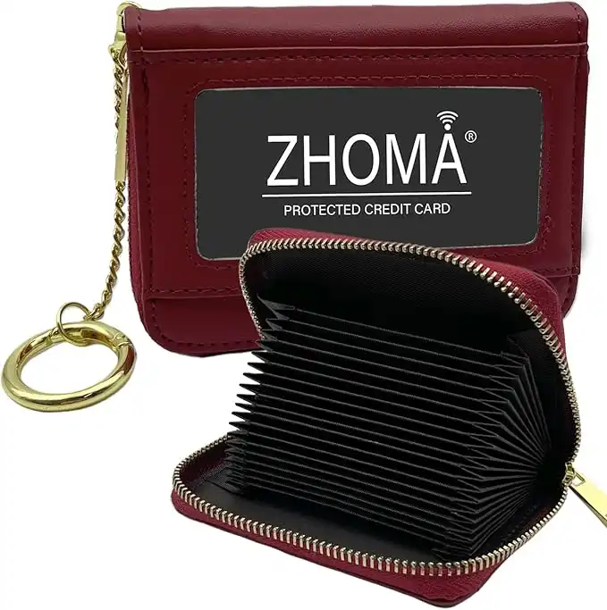 RFID Blocking Genuine Leather Credit Card Case Holder Security Travel Wallet With Removable Keychain ID Window (NEW) - Red 01