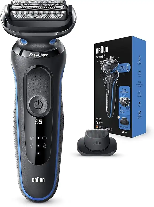 Braun Series 5 Electric Shaver, with Precision Trimmer Attachment for Moustache & Sideburns Trimming, 100% Waterproof, 2 Pin Bathroom Plug, 50-B1200s, Blue Razor