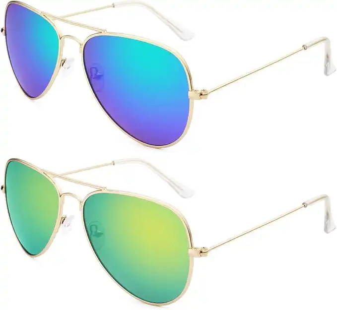livho G Sunglasses for Men Women Aviator Polarized Metal Mirror UV 400 Lens Protection (Blue Green + Gold Gold)
