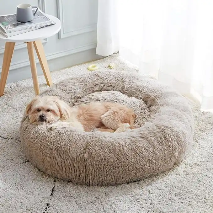 Calming Dog Bed & Cat Bed, Anti-Anxiety Donut Dog Cuddler Bed, Warming Cozy Soft Dog Round Bed, Fluffy Faux Fur Plush Dog Cat Cushion Bed for Small Medium Dogs and Cats (20"/24"/27"/30")