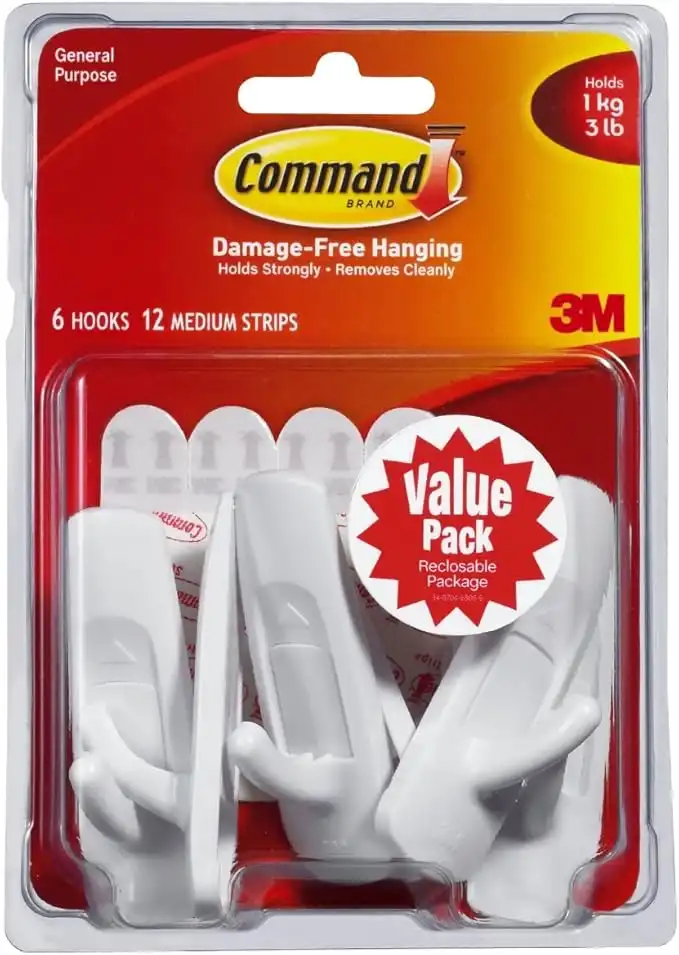 Command 2-packages of 3 lb Capacity White Utility Hooks, 12 hooks total, Decorate Damage-Free, Medium (17001-6ES)