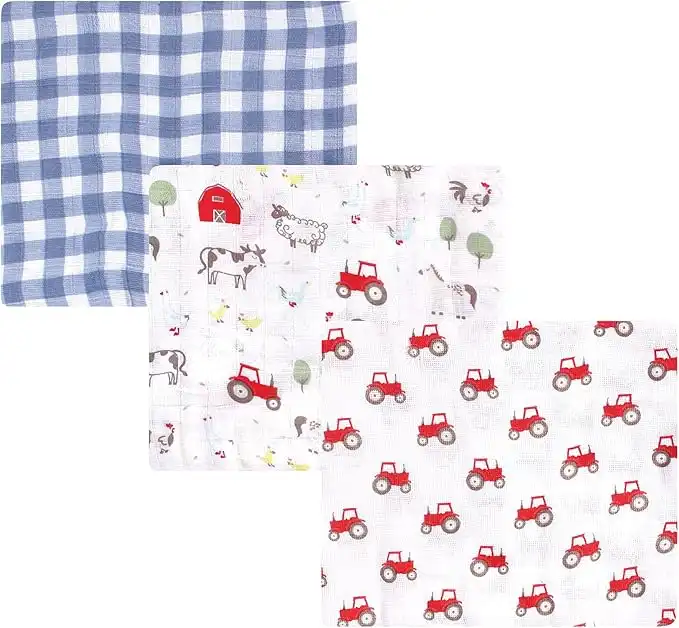 Hudson Baby Unisex Baby Cotton Muslin Swaddle Blankets, Boy Farm Animals, 3-Pack