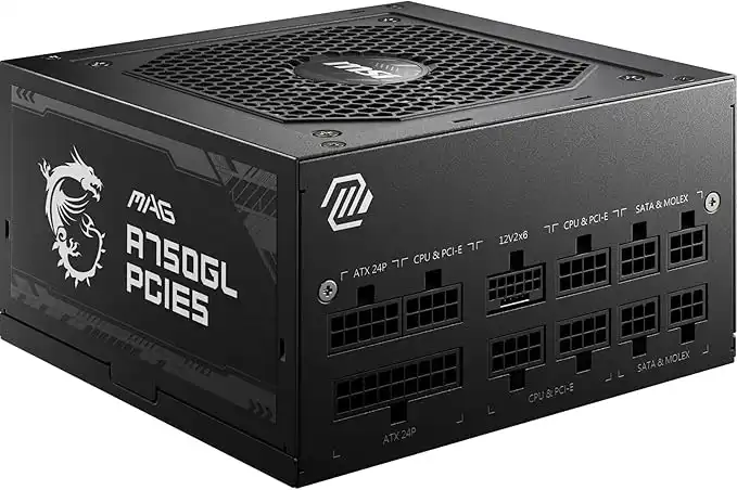 MSI MAG A750GL PCIE5 750W Modular Power Supply, Intel ATX12V Version 3.0, 120mm Cooling Fan, 80 Plus Gold Efficiency Rating, 4 x PCIe 6+2-Pin Connectors, 8 x SATA Connectors - Black