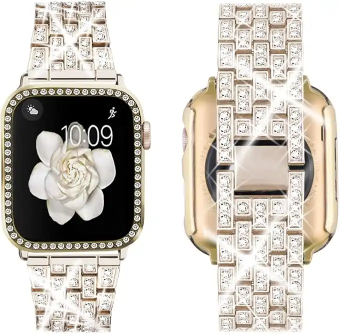 Supoix Compatible with Apple Watch Strap 38 mm 40 mm 41 mm 42 mm 44 mm 45 mm 49 mm + Case, Women's Jewellery Bling Diamond Rhinestone Replacement Metal Strap & 2 Pieces PC Protective Case for iWatch