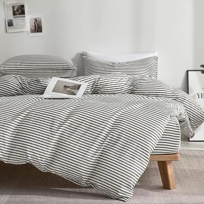 JELLYMONI 100% Natural Cotton 3pcs Striped Duvet Cover Sets,White Duvet Cover with Grey Stripes Pattern Printed Comforter Cover,with Zipper Closure & Corner Ties(Queen Size)