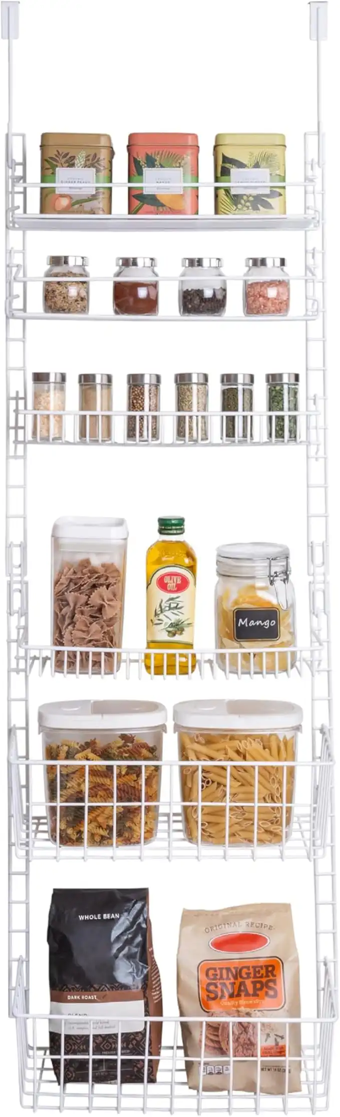 Smart Design Over The Door Adjustable Pantry Organizer Rack w/ 6 Adjustable Shelves - Large 58 Inch - Steel Construction w/Hooks & Screws - for Cans, Food, Misc. Item - Kitchen [White]