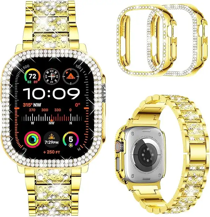 Mosonio Compatible with Apple Watch Band 38mm 40mm 41mm 42mm 44mm 45mm 49mm with 2 Pack Case Women, Jewelry Replacement Metal Wristband Strap with Bling PC Protective Case for iWatch Ultra SE Series