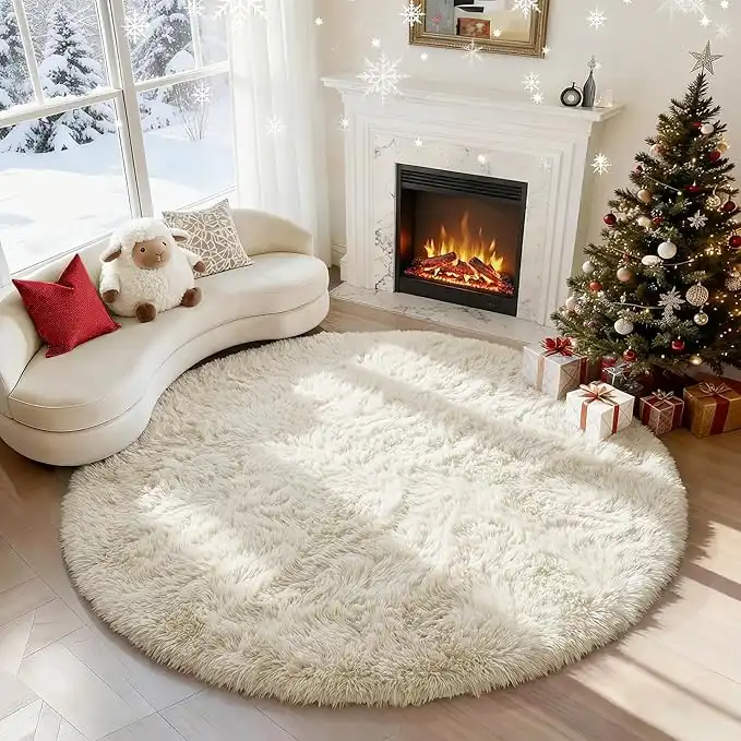 PAGISOFE Cream White Round Rug 4Ft, Circle Rugs, Small Fluffy Shaggy Carpets and Rug for Girls Boys Baby Kids Bedroom Furry Comfy Teepee Mats Circular Rugs for Reading Area Nursery Room