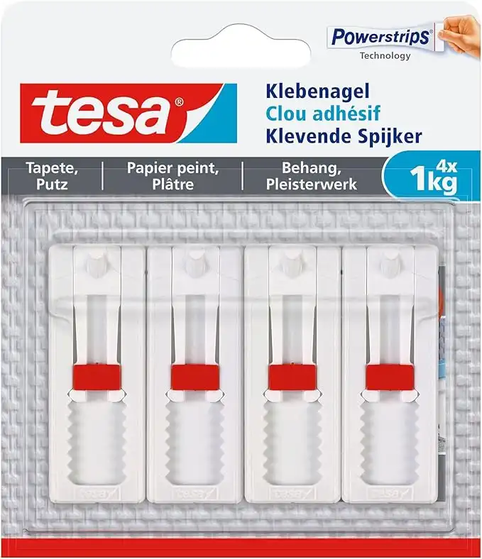 tesa Adjustable Adhesive Nail (for Wallpaper and Plaster 1 kg, Height Adjustable, Self-Adhesive Wall Nail, Up to 1 kg Holding Capacity per Nail) Pack of 4
