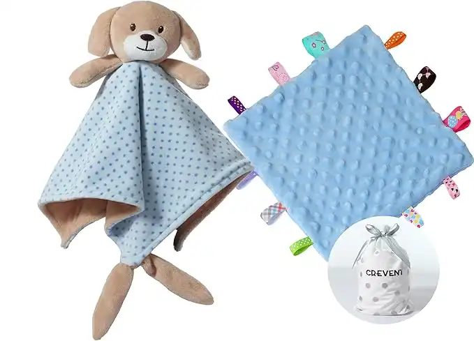 CREVENT - Soft Animal Face Comfort Blankets for Boys and Girls, Great Gift for Birthday, Baby Shower (Blue Dog + Tab)