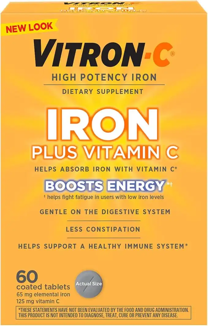 Vitron-C Iron Supplement, Once Daily, High Potency Iron Plus Vitamin C, Dye Free Tablets, 60 Count