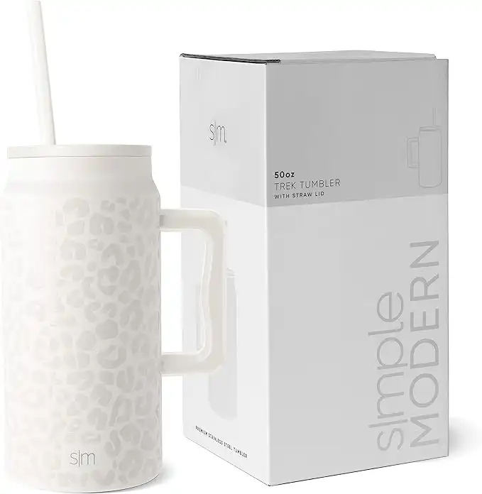Simple Modern 50 oz Mug Tumbler with Handle and Straw Lid | Reusable Insulated Stainless Steel Large Travel Jug Water Bottle | Gifts for Women Men Him Her | Trek Collection | 50oz | Cream Leopard