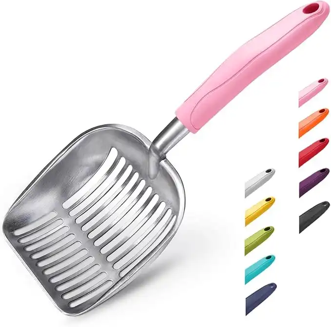 WePet Cat Litter Scoop, Aluminum Alloy Sifter, Kitty Metal Scooper, Deep Shovel, Long Handle, Poop Sifting, Kitten Pooper Lifter, Heavy Duty, for Litter Box, Flat Aluminum with Light Pink Handle