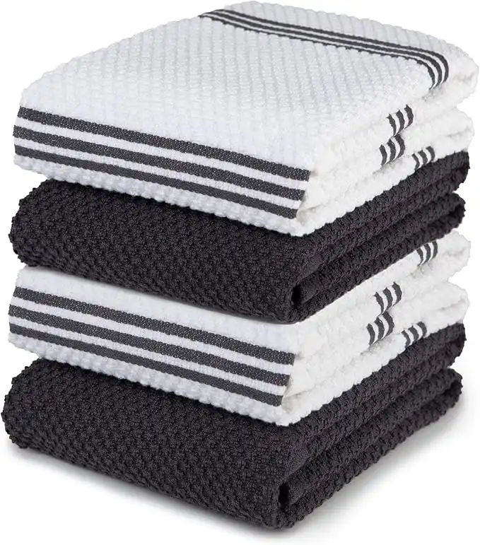 Sticky Toffee Oeko-Tex Certified Cotton Terry Kitchen Dish Towels, Thick and Absorbent, 4 Pack, 28 in x 16 in, Gray Stripe