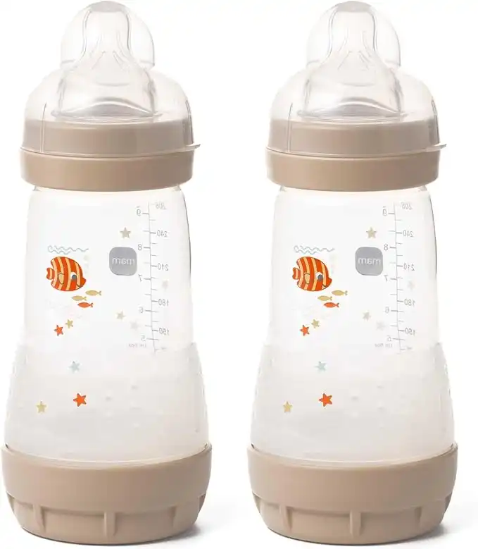 MAM Easy Start Self Sterilising Anti-Colic Baby Bottle Pack of 2 (2 x 260 ml), With Medium Flow Teats Size 2, Newborn Essentials, Grey (Designs May Vary)