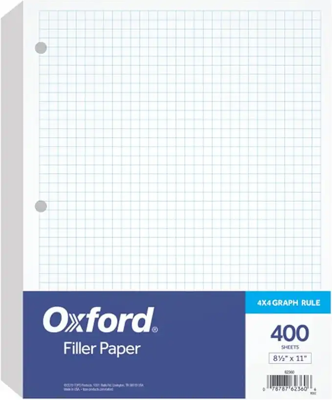 Oxford Filler Paper, 8-1/2" x 11", 4 x 4 Graph Rule, 3-Hole Punched, Loose-Leaf Paper for 3-Ring Binders, 400 Sheets Per Pack (62360),White