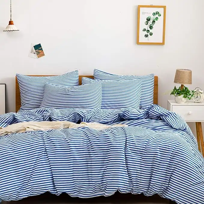 JELLYMONI 100% Natural Cotton 2pcs Striped Duvet Cover Sets,White Duvet Cover with Blue Stripes Pattern Printed Comforter Cover,with Zipper Closure & Corner Ties(Twin Size)