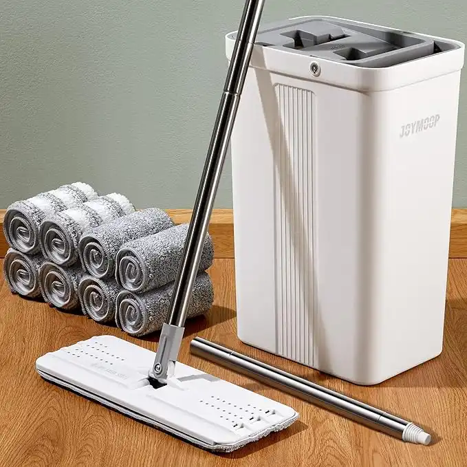 JOYMOOP Mop and Bucket with Wringer Set, Flat Squeeze Mop Flat Head Dust Mops for Wall Cleaner with Long Handle,Wet and Dry Use Microfiber Mops for Household Cleaning, for Hardwood, Laminate, Tile